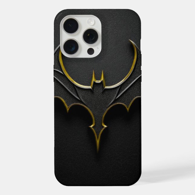 ​Dark Knight Gold Bat Symbol on Black Leather Text iPhone Case (Back)