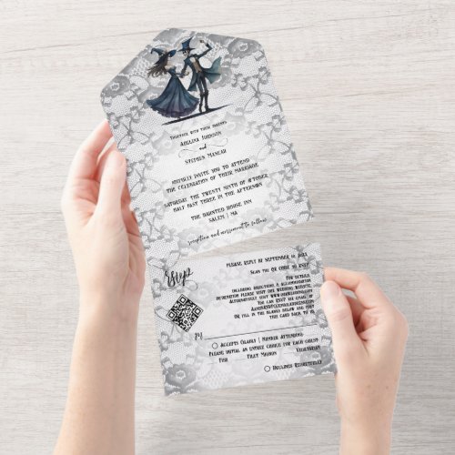 Dark Lace Monogram Skeleton Gothic QR Code Wedding All In One Invitation