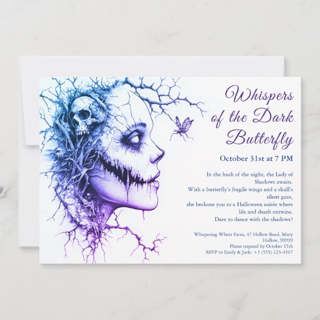 Dark Lady Halloween Invitation – Butterfly & Skull (Front)