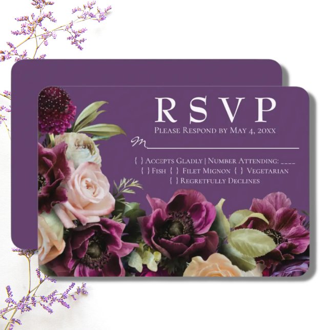 Dark Lavender Vintage Floral Wedding RSVP Card (Creator Uploaded)