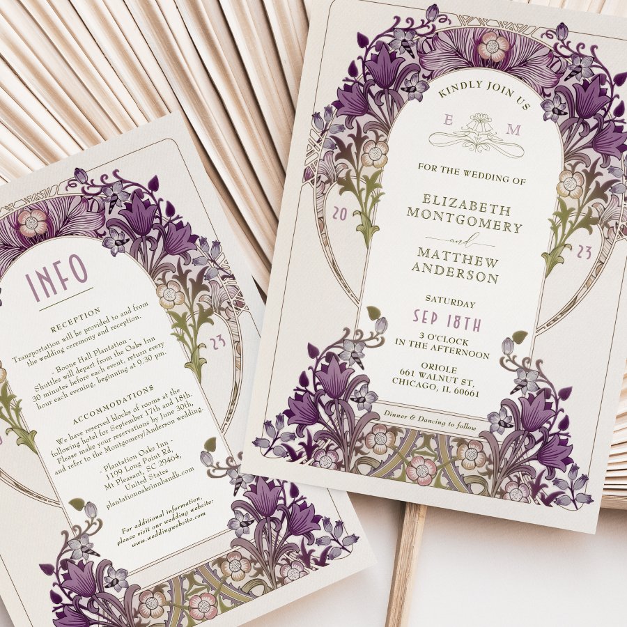 Dark Lavender Vintage Wedding Invitation and Info