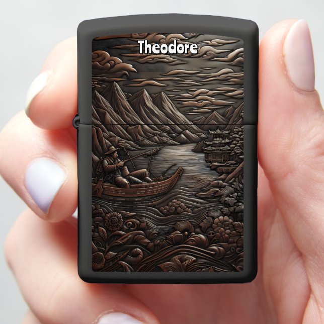 Dark Leather Outdoor Fishing Scene Zippo Lighter (In Hand)