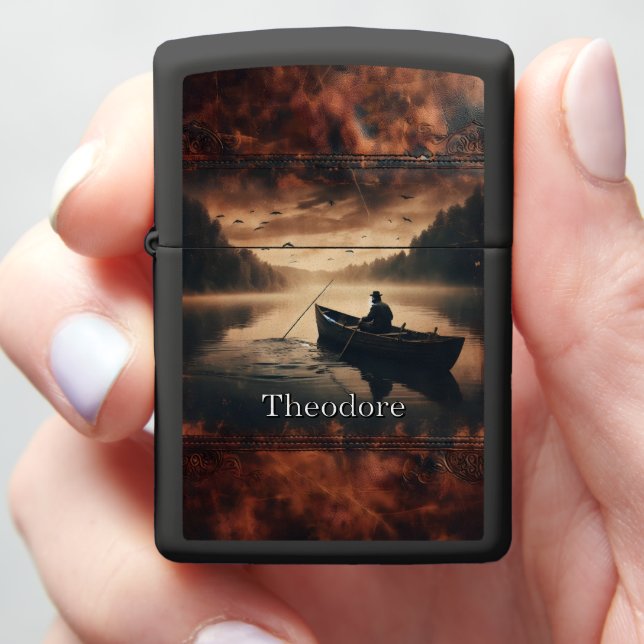 Dark Leather Peaceful Fishing Lake Zippo Lighter (In Hand)