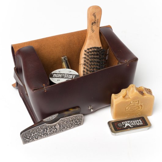 Dark Leather Toiletry Kit with Monogrammed Handle (Open)