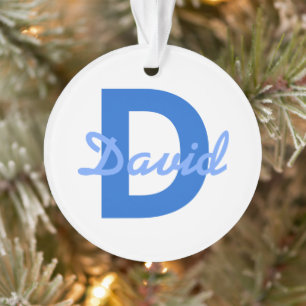 Dark & Light Blue White Editable Name Monogram Ornament