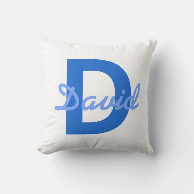 Dark & Light Blue White Editable Name Monogram Throw Pillow (Front)