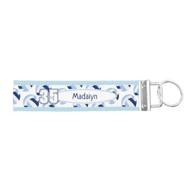 dark & light blue white volleyballs athlete name wrist keychain (Keys on Right)