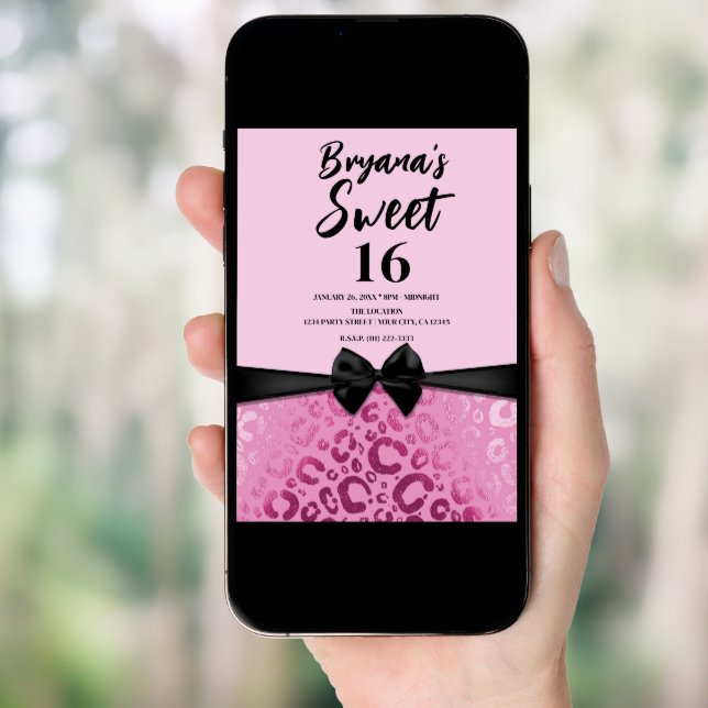 Dark & Light Pink Glam Leopard Print Sweet 16 Invitation (Front Digital)