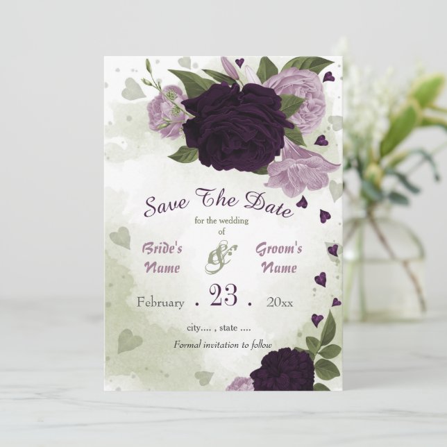 dark & light purple flowers green leaves botanical save the date (Standing Front)