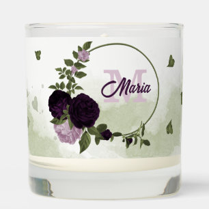 dark & light purple flowers greenery  scented candle