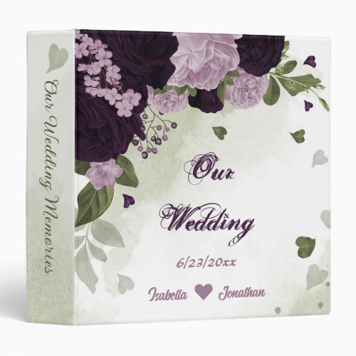 dark  light purple flowers greenery wedding album 3 ring binder