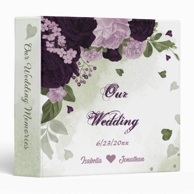 dark & light purple flowers greenery wedding album 3 ring binder (Front/Spine)