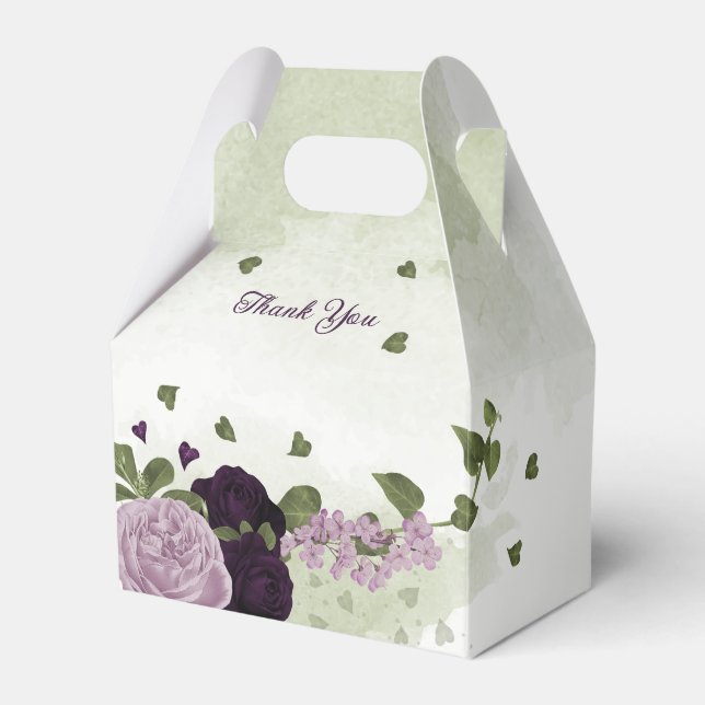 dark & light purple flowers greenery wedding favor boxes (Front Side)