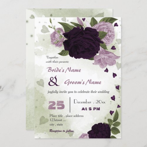 dark  light purple flowers greenery wedding invitation
