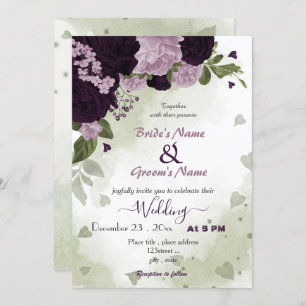 dark & light purple flowers greenery wedding invitation