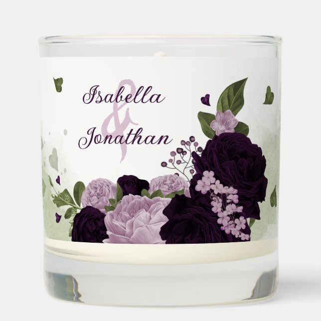 dark & light purple flowers greenery wedding scented candle (Front)
