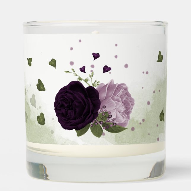 dark & light purple flowers greenery wedding scented candle (Front)