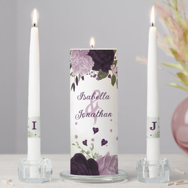 dark & light purple flowers greenery wedding unity candle set (In Situ)