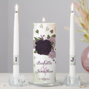 dark & light purple flowers greenery wedding unity candle set
