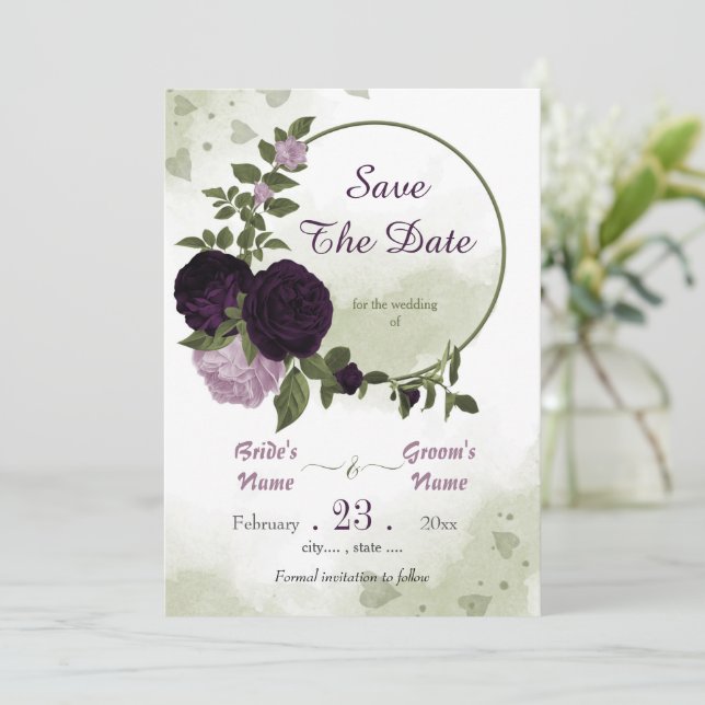 dark & light purple flowers greenery wreath  save the date (Standing Front)