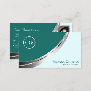 Dark Light Teal Silver Decor with Logo and Photo Business Card