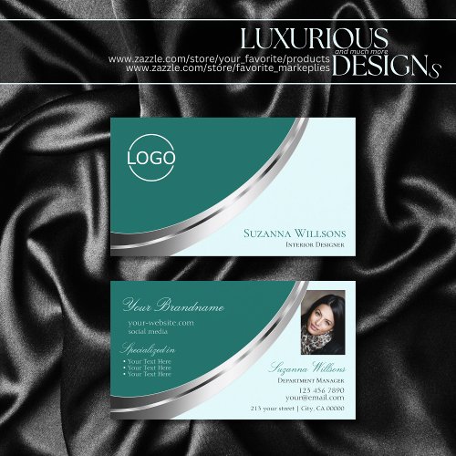 Dark Light Teal Silver Decor with Logo and Photo Business Card