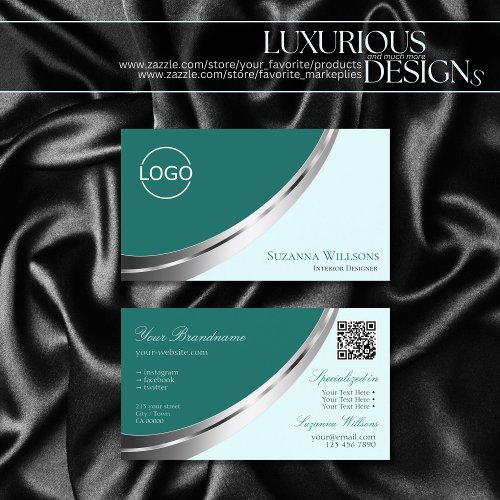 Dark Light Teal Silver Decor with Logo and QR_Code Business Card