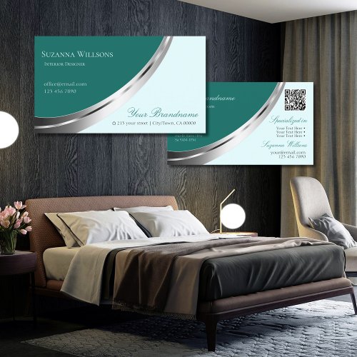 Dark Light Teal with Chic Silver Decor and QR_Code Business Card