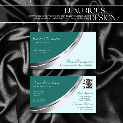 Dark Light Teal with Chic Silver Decor and QR_Code Business Card