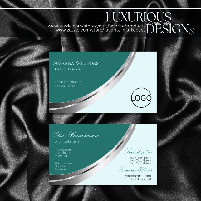Dark Light Teal with Silver Decor and Logo Stylish Business Card (Creator Uploaded)