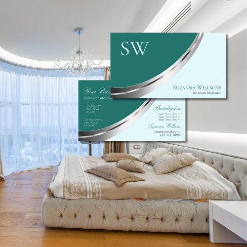 Dark Light Teal with Silver Decor and Monogram Business Card