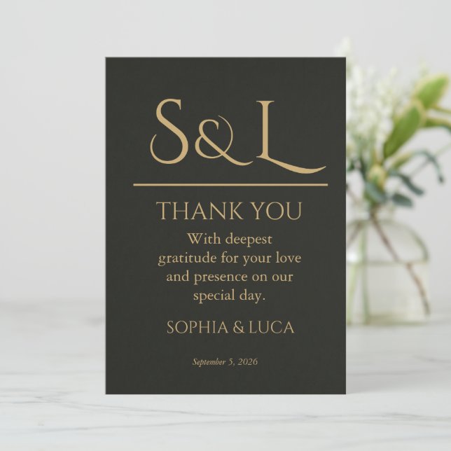 Dark Luxe Gold Monogram Wedding Thank You Card  (Standing Front)