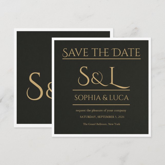 Dark Luxe Monogram Save the Date Card (Front/Back)
