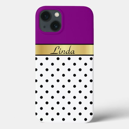 Dark Magenta Gold White  Black Dots Custom Name iPhone 13 Case