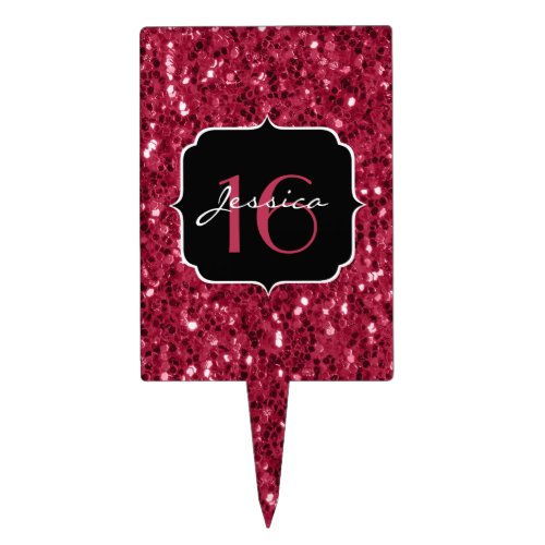 Dark magenta pink faux glitter sparkles Sweet 16 Cake Topper