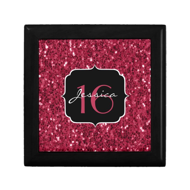 Dark magenta pink faux glitter sparkles Sweet 16 Gift Box (Front)