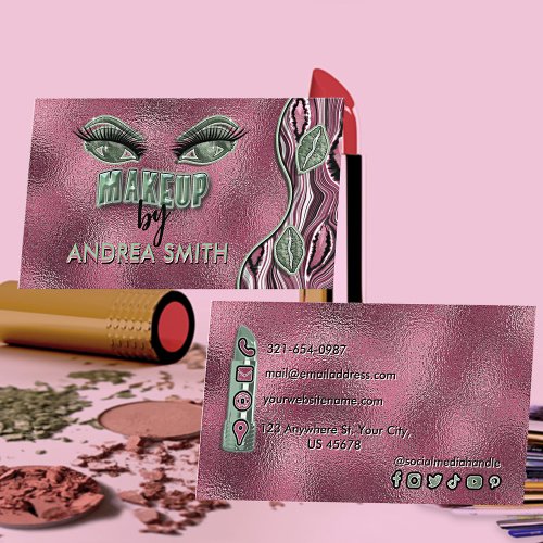 Dark Magenta Pink Sage Tones Lashes Lips Makeup Business Card