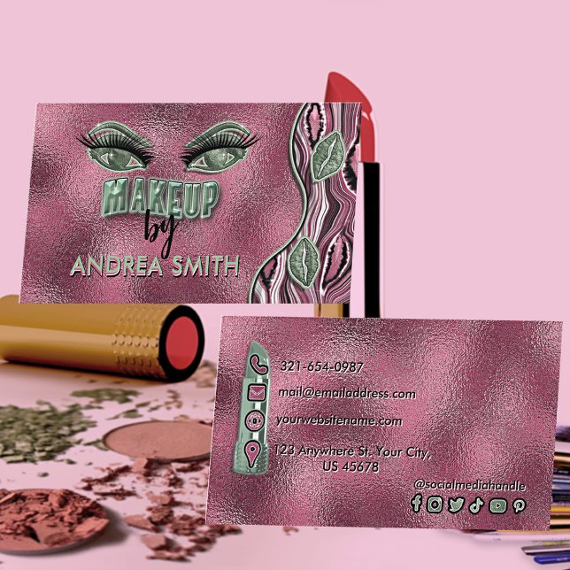 Dark Magenta Pink Sage Tones Lashes Lips Makeup Business Card (Creator Uploaded)
