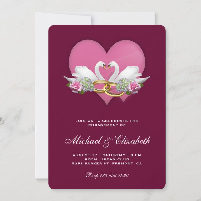 Dark Magenta Romantic Swans Engagement Party Invitation (Front)