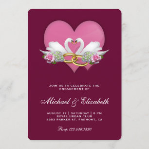 Dark Magenta Romantic Swans Engagement Party Invitation