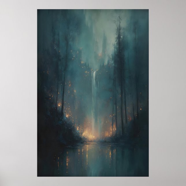 Dark Magical Enchanted Forest, Moody Waterfall Poster (Front)
