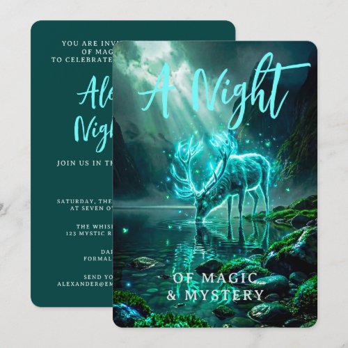Dark Magical Glowing Cyan Spirit Stag Fantasy Invitation