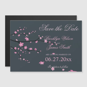 Dark Magnetic Cherry Blossom Wedding Save The Date Magnetic Invitation