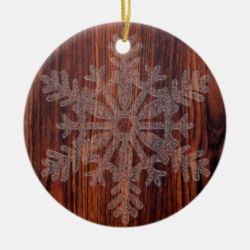 Dark Mahogany Wood crystal snowflakes  Ceramic Ornament