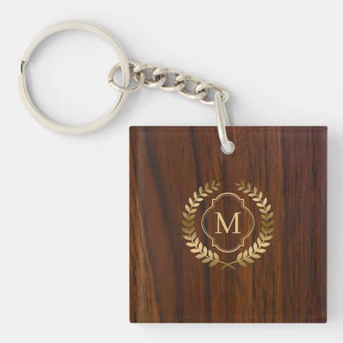 Dark mahogany wood gold badge monogram keychain