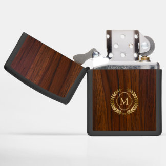 Dark mahogany wood gold badge monogram zippo lighter