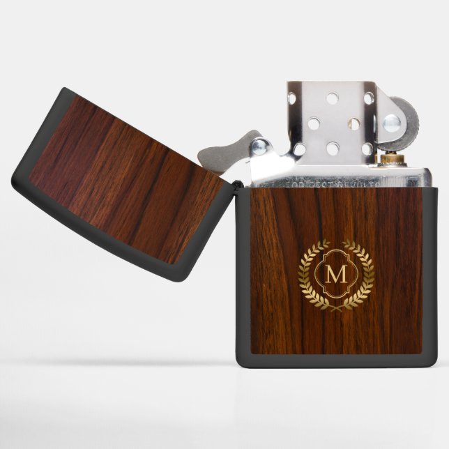 Dark mahogany wood gold badge monogram zippo lighter (Opened)