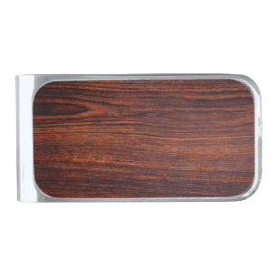Dark Mahogany wood grain brown wood pattern Silver Finish Money Clip