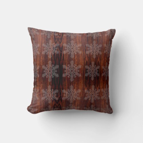 Dark Mahogany wood grain  brown wood  snowflakes Throw Pillow