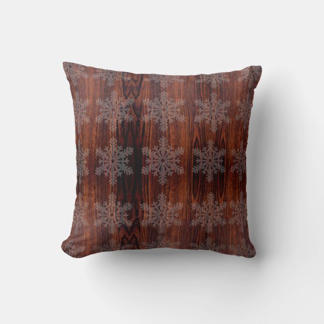 Dark Mahogany wood grain | brown wood | snowflakes Throw Pillow (Front)